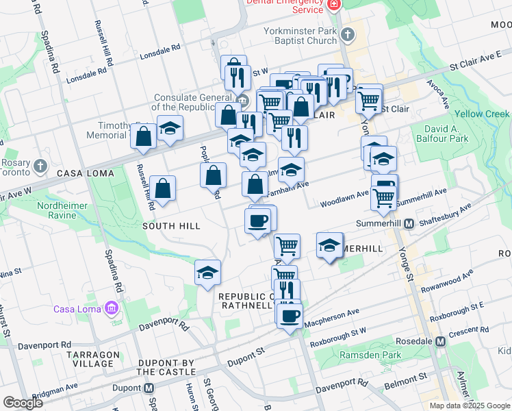 map of restaurants, bars, coffee shops, grocery stores, and more near 5 A Clarendon Avenue in Toronto