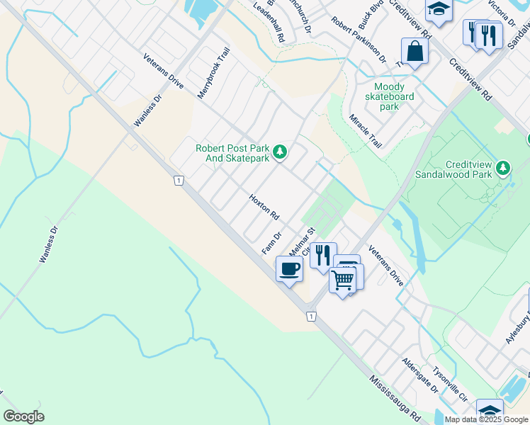map of restaurants, bars, coffee shops, grocery stores, and more near in Brampton