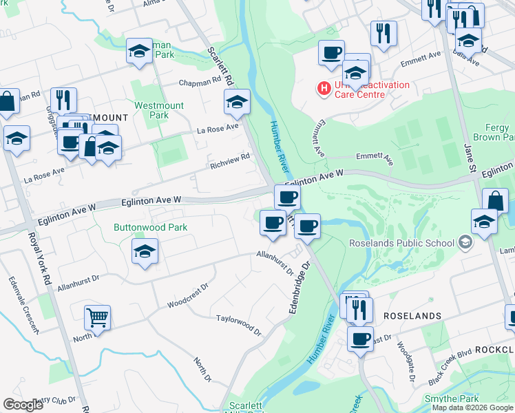 map of restaurants, bars, coffee shops, grocery stores, and more near 30 Fontenay Court in Toronto