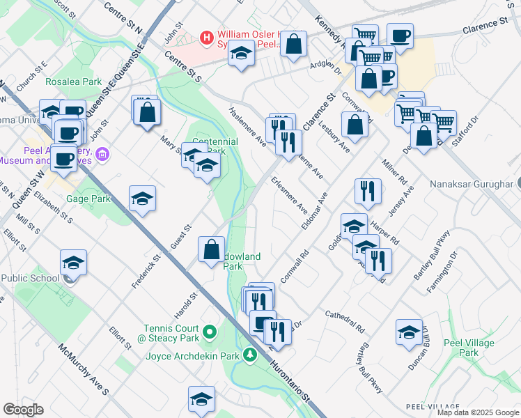 map of restaurants, bars, coffee shops, grocery stores, and more near 39 Meadowland Drive in Brampton