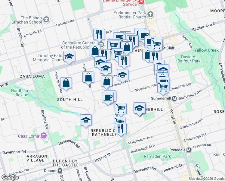 map of restaurants, bars, coffee shops, grocery stores, and more near 423 Avenue Road in Toronto
