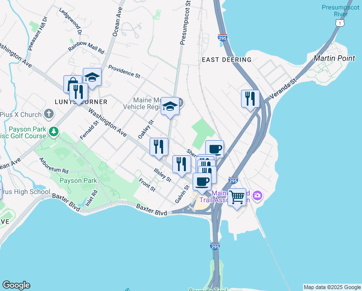 map of restaurants, bars, coffee shops, grocery stores, and more near Sherwood Street in Portland