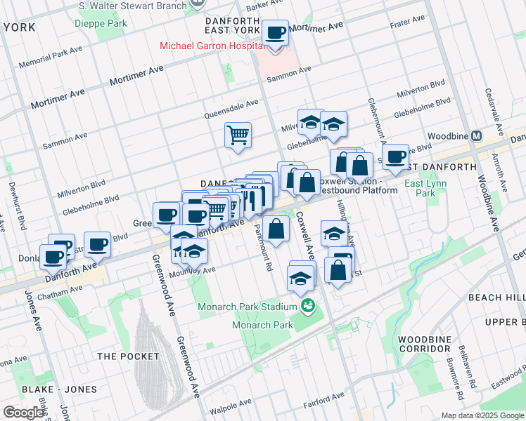 map of restaurants, bars, coffee shops, grocery stores, and more near 1494 Danforth Avenue in Toronto