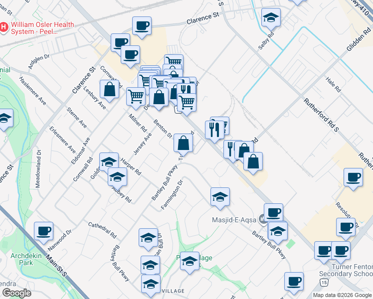 map of restaurants, bars, coffee shops, grocery stores, and more near in Brampton