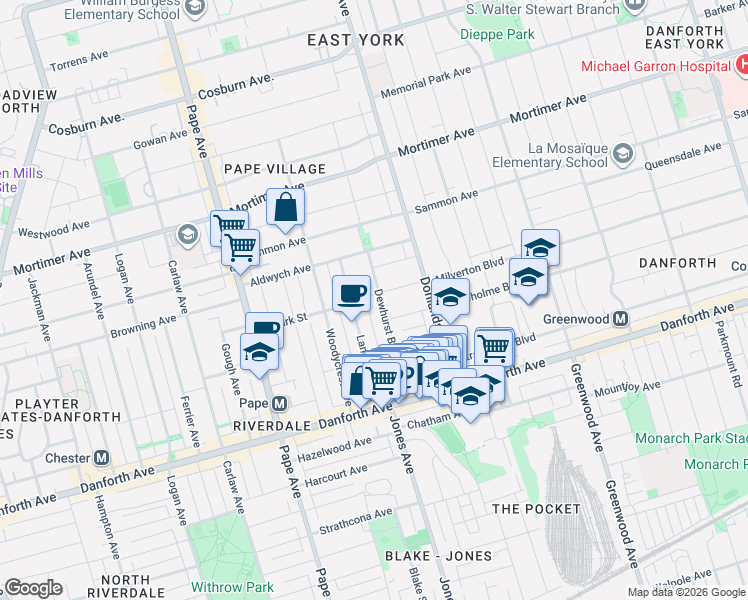 map of restaurants, bars, coffee shops, grocery stores, and more near 108 Dewhurst Boulevard in Toronto