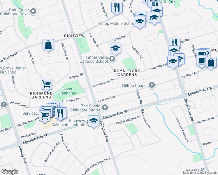 map of restaurants, bars, coffee shops, grocery stores, and more near 42 Manorhampton Drive in Toronto