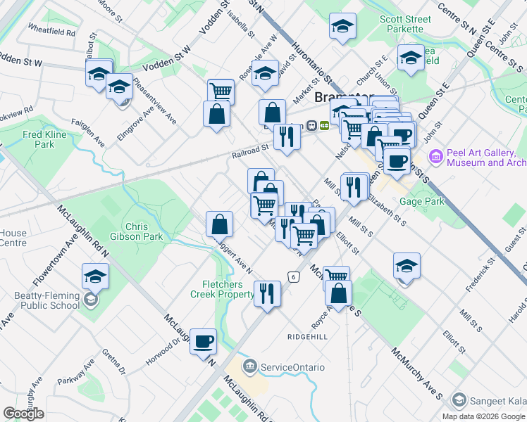 map of restaurants, bars, coffee shops, grocery stores, and more near 46 McMurchy Avenue North in Brampton