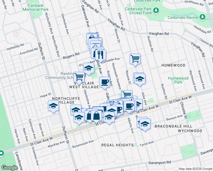 map of restaurants, bars, coffee shops, grocery stores, and more near 235 Oakwood Avenue in Toronto