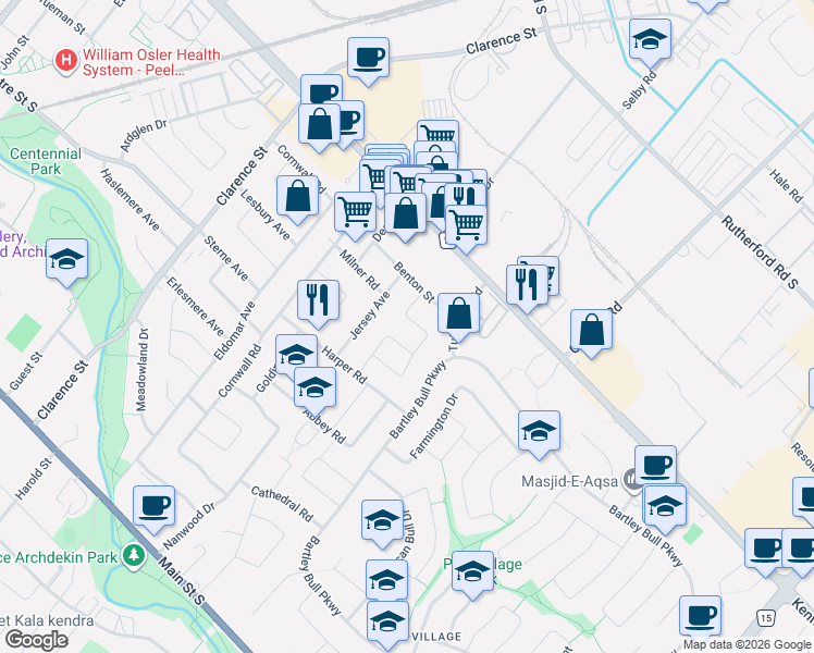 map of restaurants, bars, coffee shops, grocery stores, and more near 26 Allendale Road in Brampton