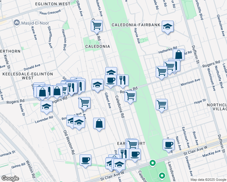 map of restaurants, bars, coffee shops, grocery stores, and more near Rogers Road in Toronto