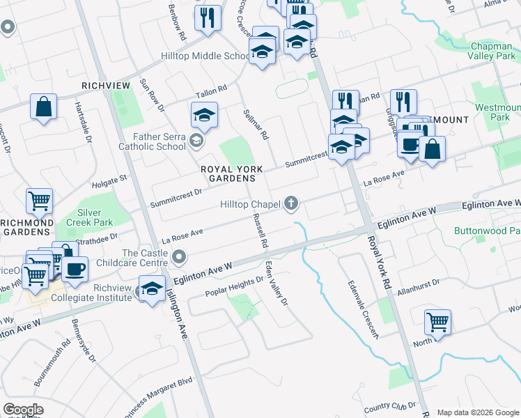 map of restaurants, bars, coffee shops, grocery stores, and more near in Toronto