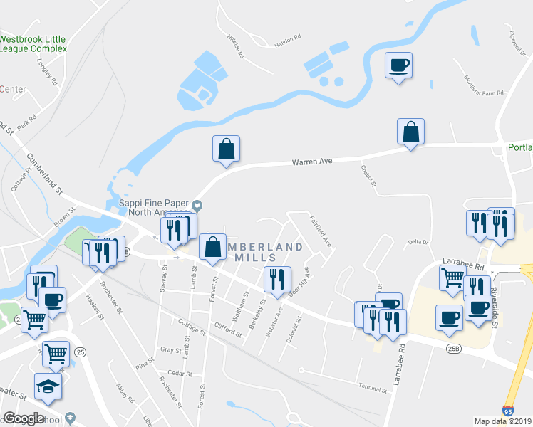 map of restaurants, bars, coffee shops, grocery stores, and more near 29 Railway Avenue in Westbrook
