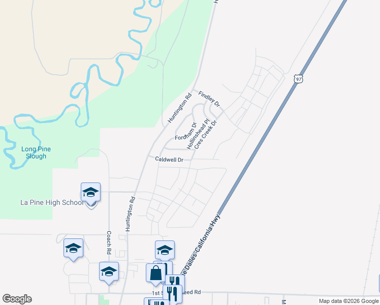 map of restaurants, bars, coffee shops, grocery stores, and more near 16537 Charlotte Day Drive in La Pine