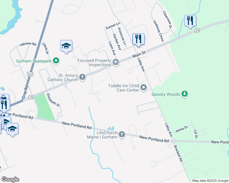 map of restaurants, bars, coffee shops, grocery stores, and more near 35 Joseph Drive in Gorham