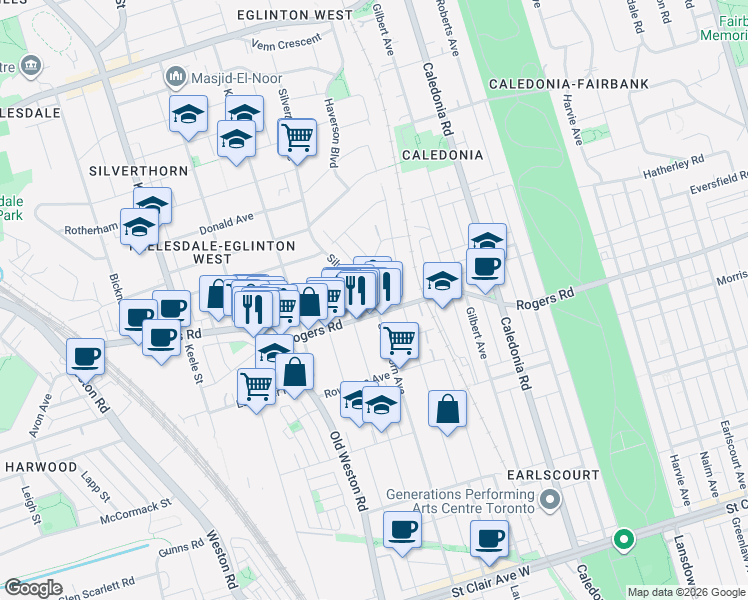 map of restaurants, bars, coffee shops, grocery stores, and more near 334 Silverthorn Avenue in Toronto