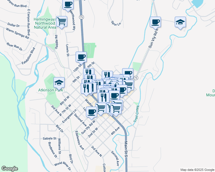 map of restaurants, bars, coffee shops, grocery stores, and more near 500 East Avenue in Ketchum