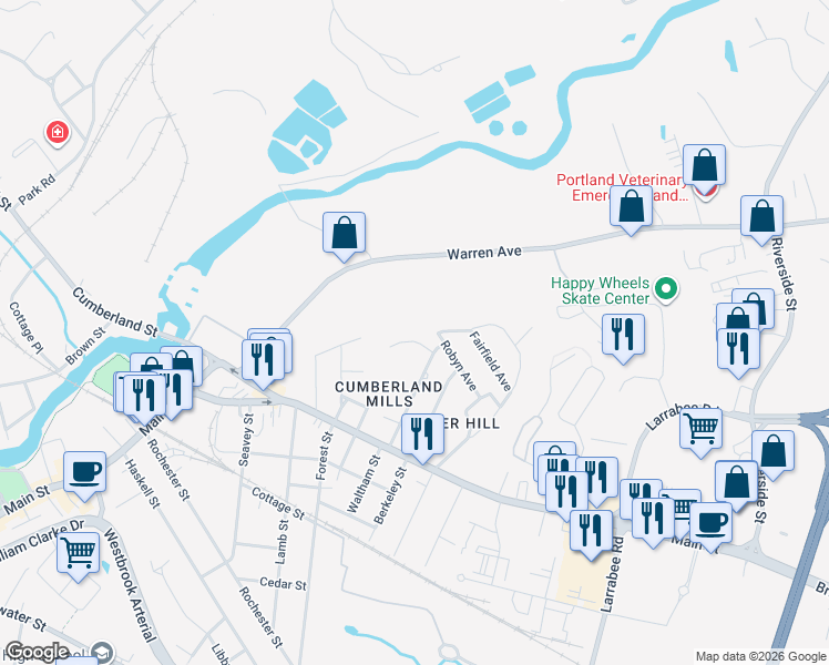 map of restaurants, bars, coffee shops, grocery stores, and more near 29 Railway Avenue in Westbrook