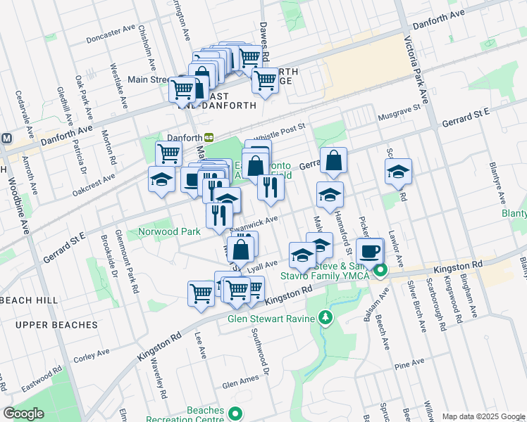 map of restaurants, bars, coffee shops, grocery stores, and more near in Toronto