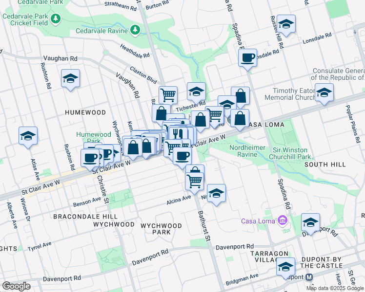 map of restaurants, bars, coffee shops, grocery stores, and more near 500 St Clair Ave W in Toronto