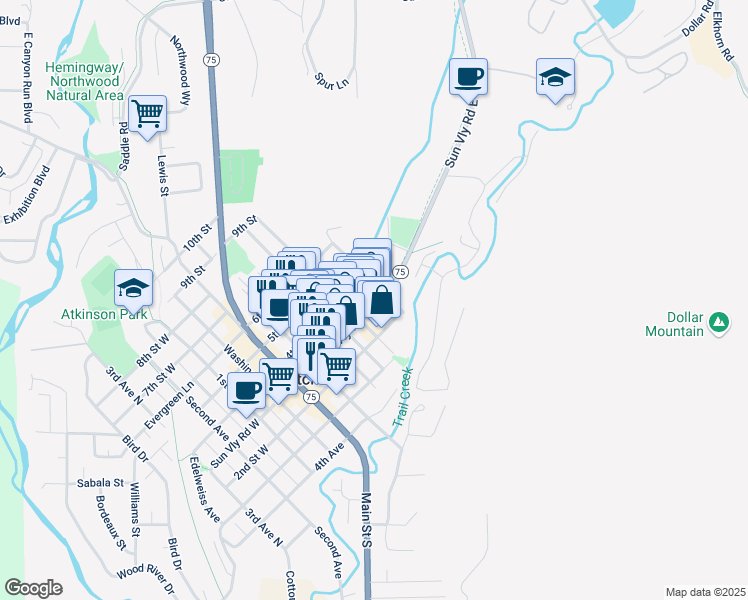 map of restaurants, bars, coffee shops, grocery stores, and more near 611 Sun Valley Road in Sun Valley
