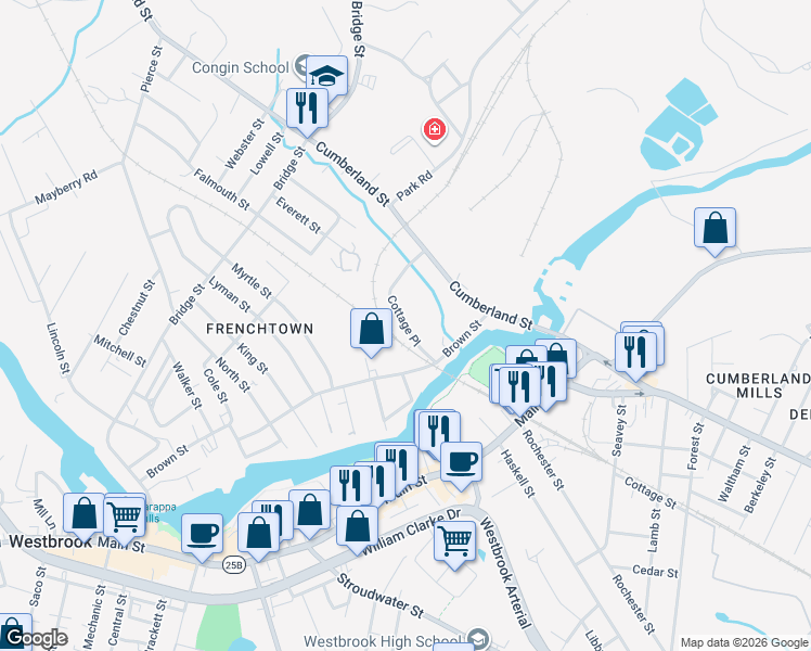 map of restaurants, bars, coffee shops, grocery stores, and more near 44 Cottage Place in Westbrook
