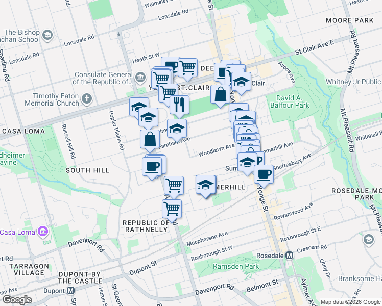 map of restaurants, bars, coffee shops, grocery stores, and more near 92 Woodlawn Avenue West in Toronto