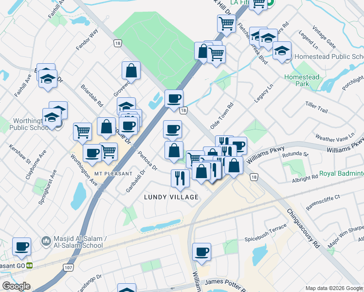 map of restaurants, bars, coffee shops, grocery stores, and more near 20 Marotta Avenue in Brampton