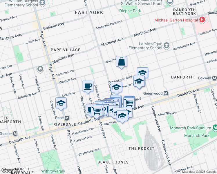 map of restaurants, bars, coffee shops, grocery stores, and more near 92 Donlands Avenue in Toronto