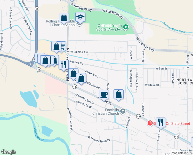 map of restaurants, bars, coffee shops, grocery stores, and more near 10200 West Claudia Road in Boise