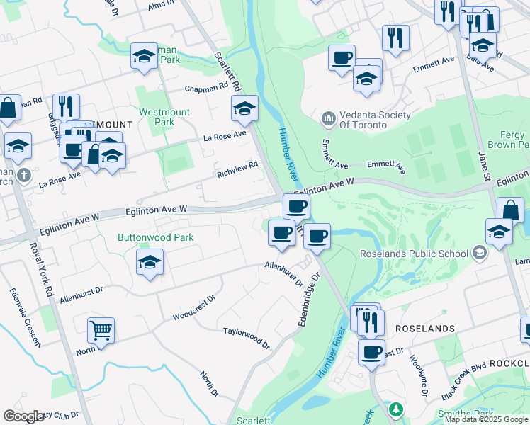 map of restaurants, bars, coffee shops, grocery stores, and more near 30 Fontenay Court in Toronto