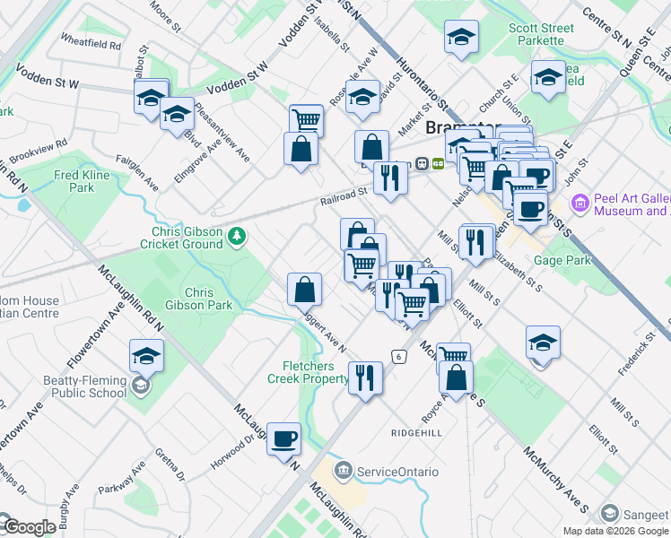 map of restaurants, bars, coffee shops, grocery stores, and more near 9 Sand Wedge Lane in Brampton