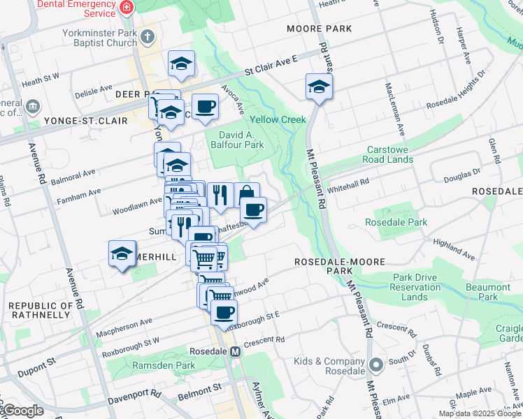 map of restaurants, bars, coffee shops, grocery stores, and more near 114 Shaftesbury Avenue in Toronto