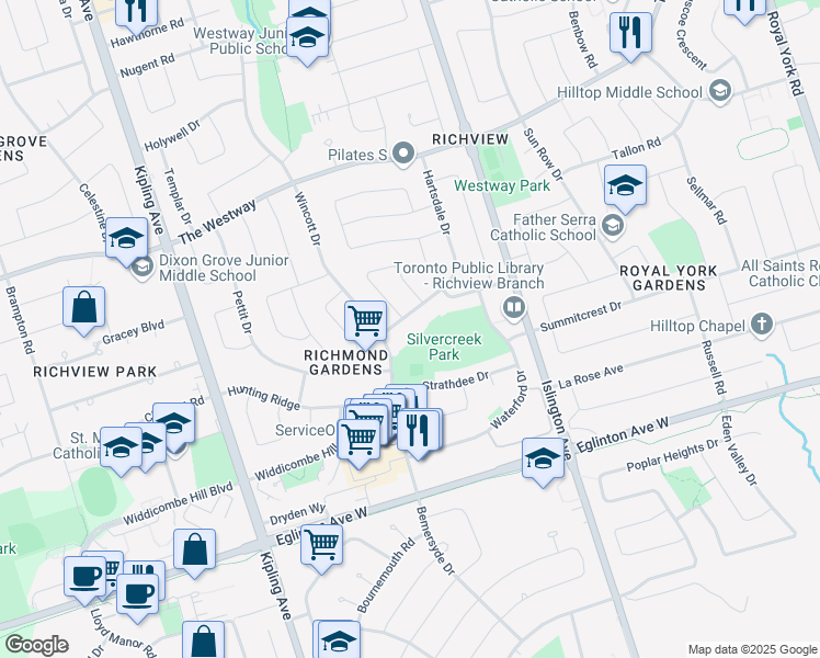 map of restaurants, bars, coffee shops, grocery stores, and more near 65 Hartsdale Drive in Toronto