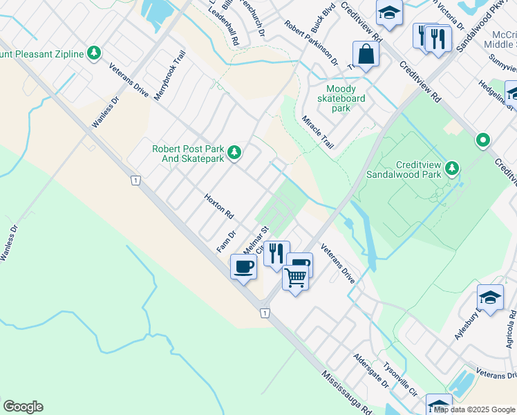 map of restaurants, bars, coffee shops, grocery stores, and more near 51 Fann Drive in Brampton