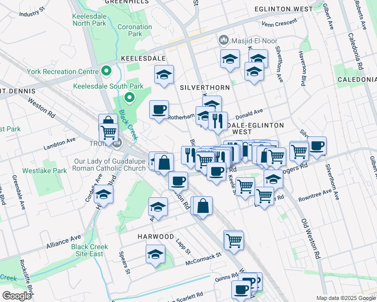 map of restaurants, bars, coffee shops, grocery stores, and more near 2 Hyde Avenue in Toronto