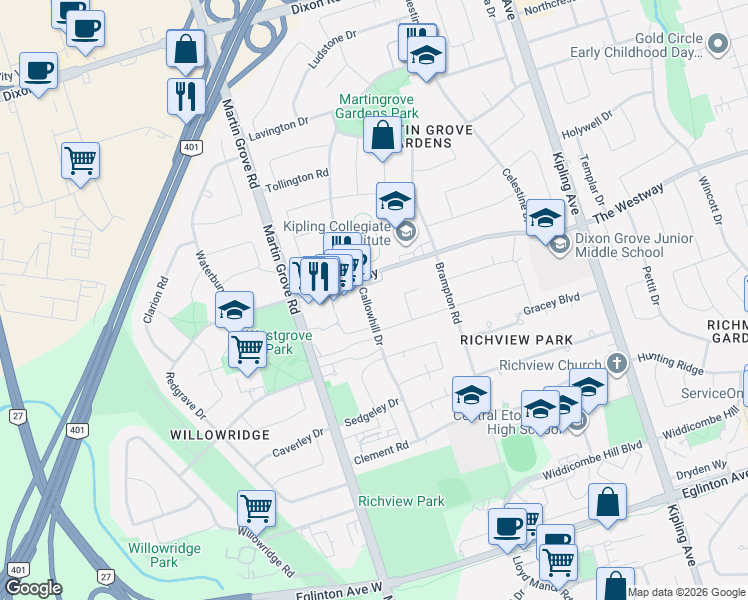 map of restaurants, bars, coffee shops, grocery stores, and more near 63 Callowhill Drive in Toronto