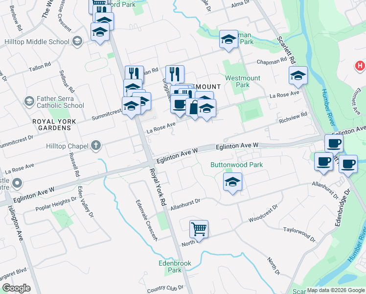 map of restaurants, bars, coffee shops, grocery stores, and more near 4010 Eglinton Avenue West in Toronto