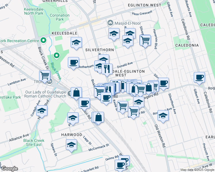 map of restaurants, bars, coffee shops, grocery stores, and more near in Toronto