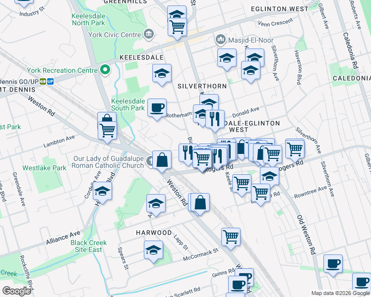 map of restaurants, bars, coffee shops, grocery stores, and more near in Toronto