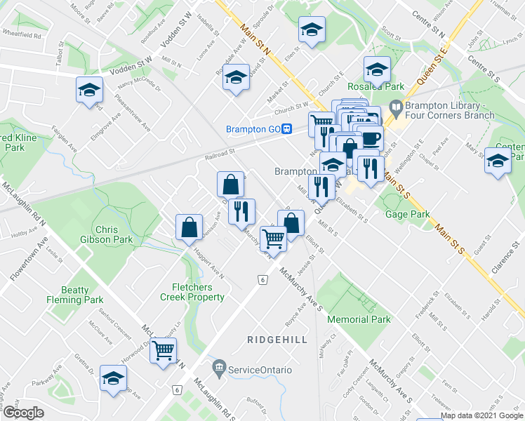 map of restaurants, bars, coffee shops, grocery stores, and more near in Brampton
