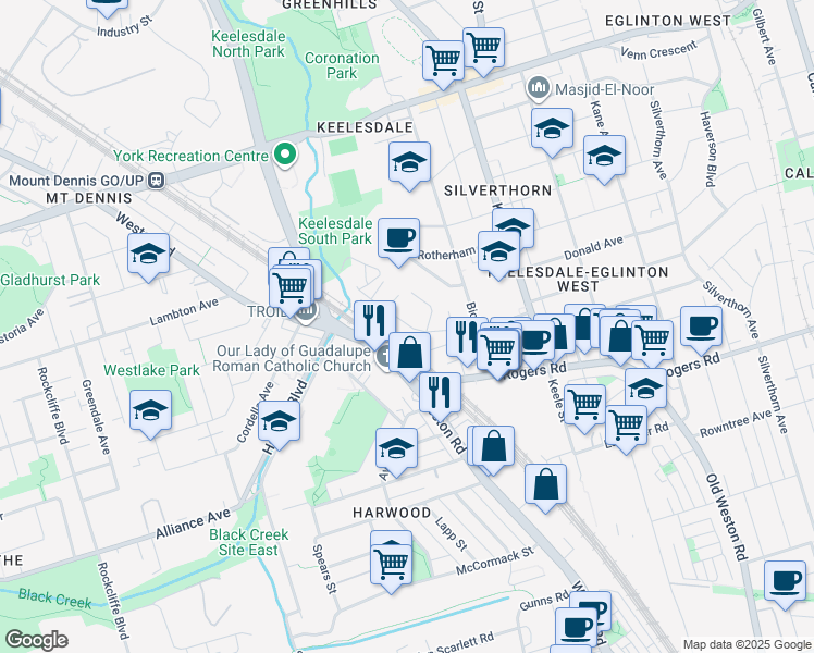 map of restaurants, bars, coffee shops, grocery stores, and more near 45 Hyde Avenue in Toronto