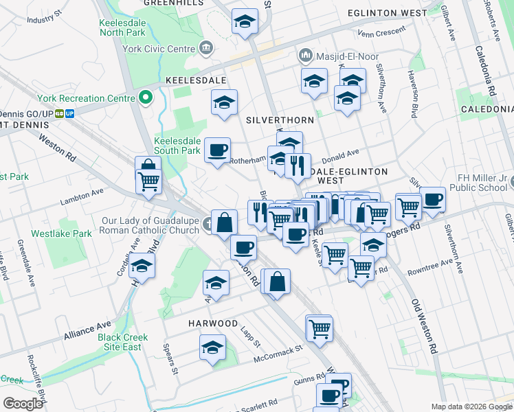 map of restaurants, bars, coffee shops, grocery stores, and more near 2 Hyde Avenue in Toronto