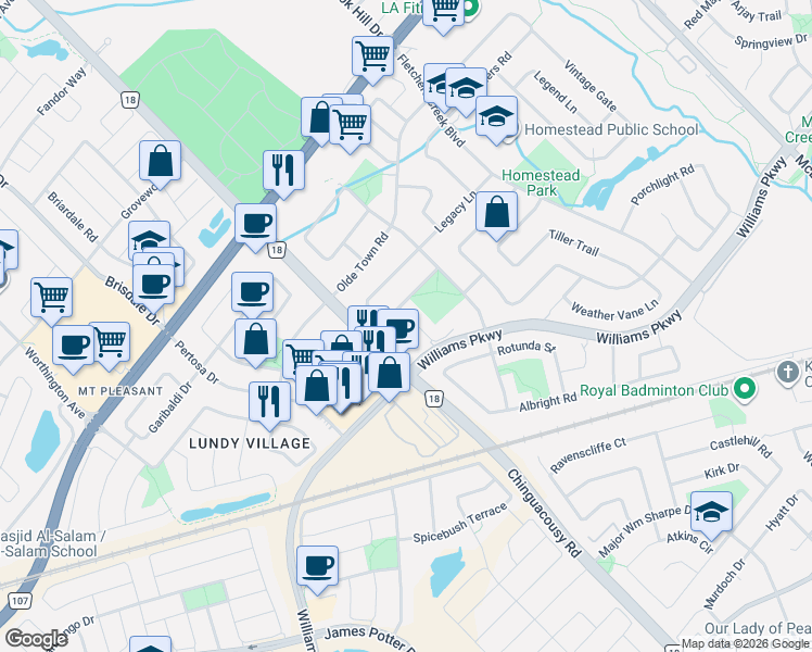 map of restaurants, bars, coffee shops, grocery stores, and more near 43 Stirrup Court in Brampton