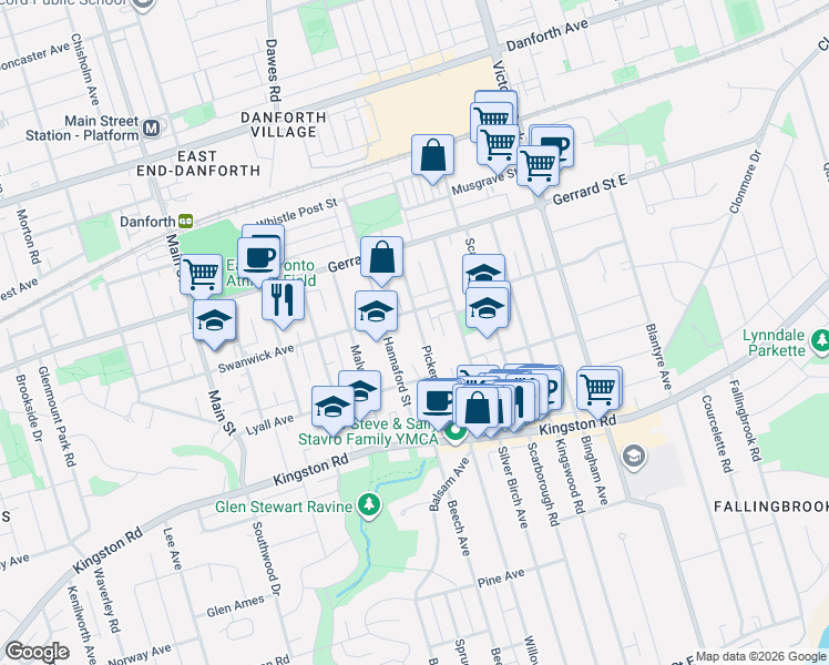 map of restaurants, bars, coffee shops, grocery stores, and more near 142 Pickering Street in Toronto