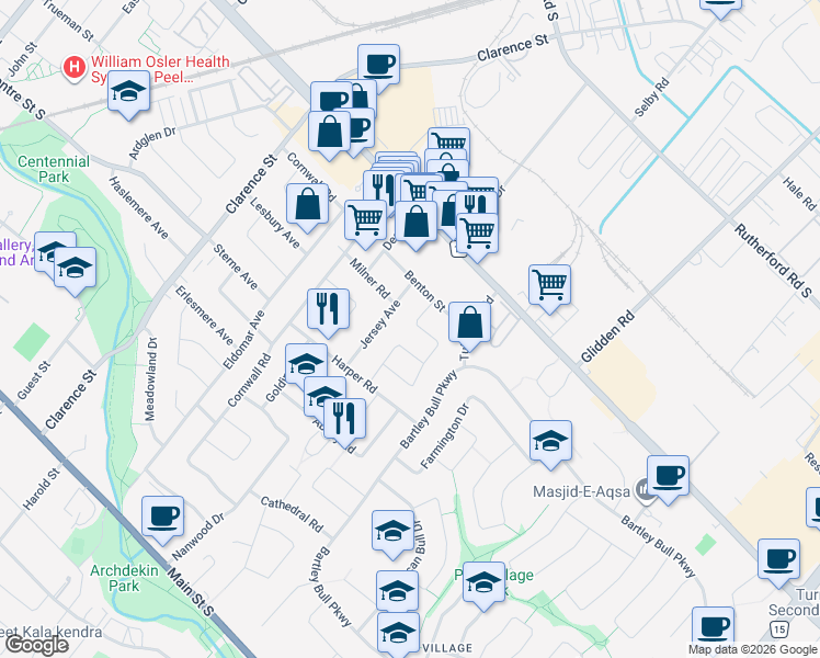 map of restaurants, bars, coffee shops, grocery stores, and more near 18 Chesterfield Road in Brampton
