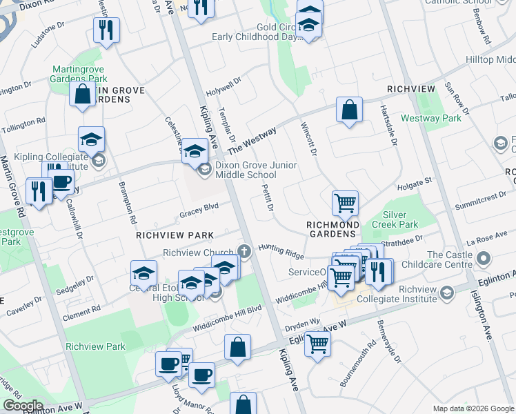 map of restaurants, bars, coffee shops, grocery stores, and more near 10 Parmalea Crescent in Toronto