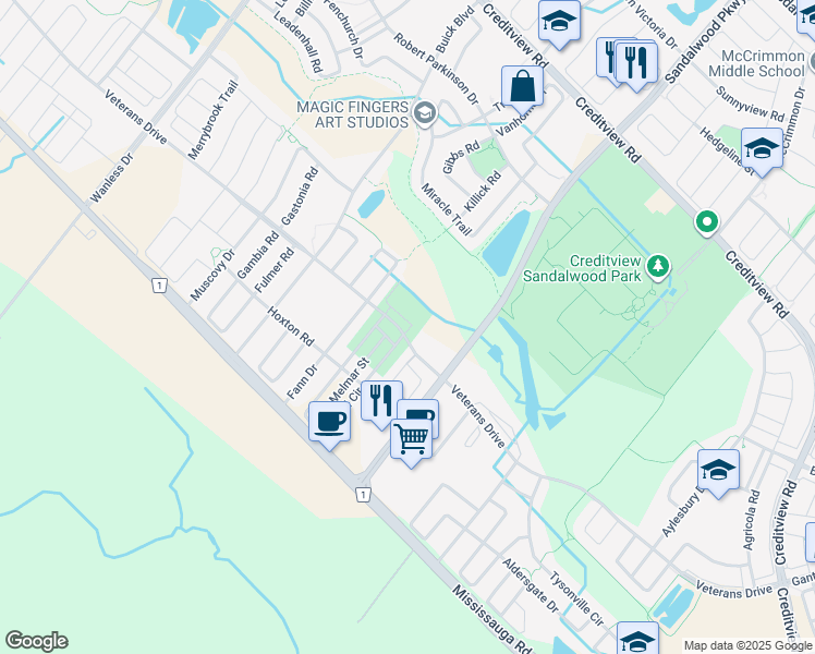 map of restaurants, bars, coffee shops, grocery stores, and more near 225 Veterans Drive in Brampton