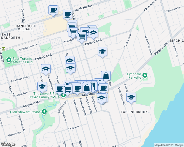 map of restaurants, bars, coffee shops, grocery stores, and more near 275 Victoria Park Avenue in Toronto