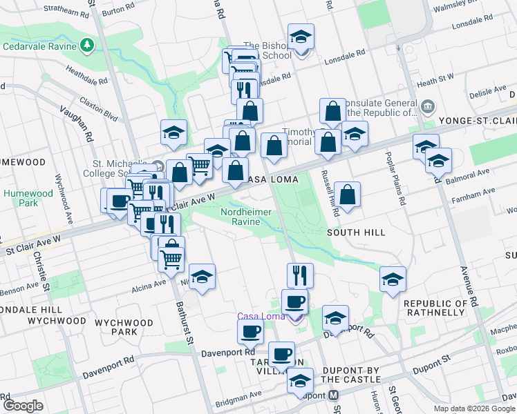 map of restaurants, bars, coffee shops, grocery stores, and more near 407 Walmer Road in Toronto