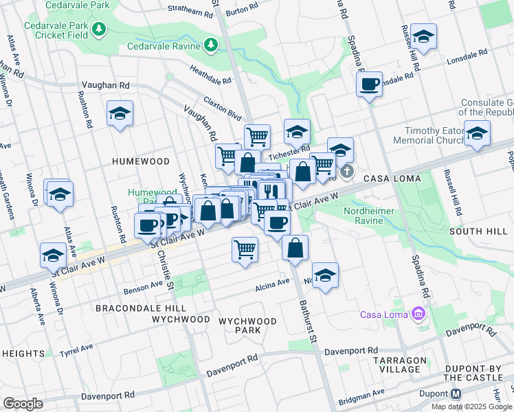 map of restaurants, bars, coffee shops, grocery stores, and more near 530 Saint Clair Avenue West in Toronto